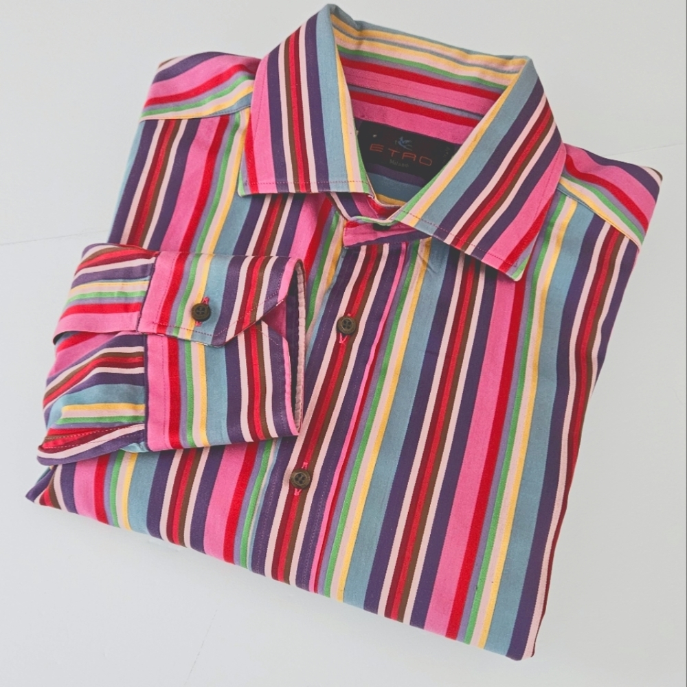 ETRO Mens Large Pink/Purple Striped Long Sleeve Button-Up Shirt 100% Cot…